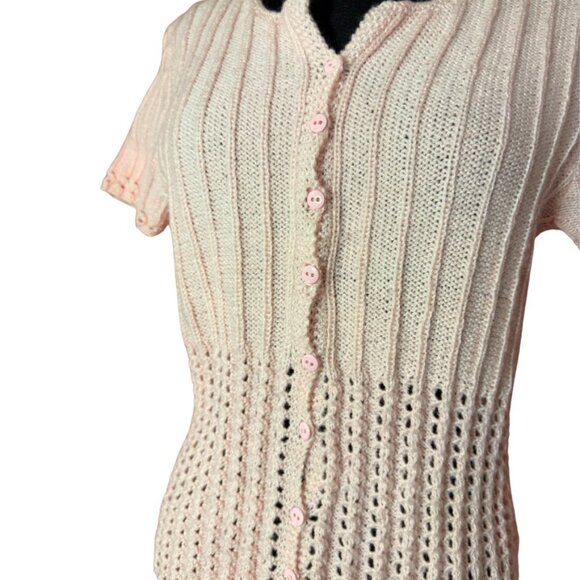 Vintage Crocheted Baby Pink Short Sleeve Cardigan Women's M - Picture 3 of 4
